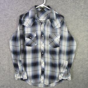 HOLT Shirt Mens Medium Blue Gray Plaid Pearl Snap Western Cowboy Long Sleeve